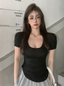 Korean Style Short Sleeve T-Shirt Womens Slim Fit Chest Enhancing Irregular Design Summer Fashionable Cotton Blend Top