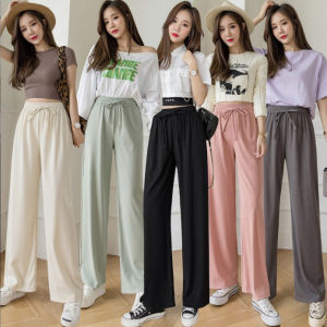 Womens High Waist Wide Leg Pants Ice Silk Casual Trousers Autumn Season Drawstring Straight Leg Pants Hand Ironed Pleats