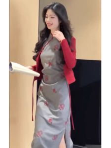 Retro Chinese Style Young Womens Modified Cheongsam High Waist Bodycon Dress with Shawl Two Piece Set Elegant Sensation