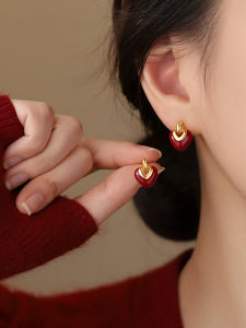 Red Heart Shaped S925 Pure Silver Earrings: Luxury Elegant Vintage Style New Year Festive Jewelry
