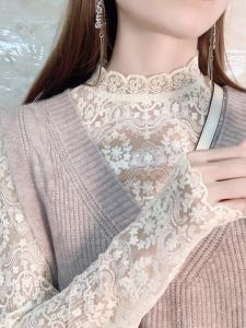 Elegant French Designed Lace and Fleece Half High Neck Underwear Shirt