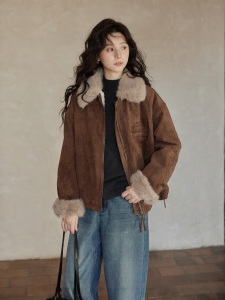 seemon | Korean Style Fall Winter Faux Suede Fleece Lined Fur Collar Zipper Jacket for Women Coffee