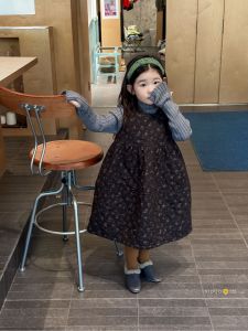 Autumn Winter Floral Embroidered Cotton Blend Girls Dress Korean Style Vest Dress Medium Length Princess Skirt for Kids