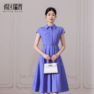 Elegant French Style Hepburn Shirt Dress Womens Spring Summer 2025 Slimming Long Dress A-Line Skirt Short Sleeve Zipper Closure
