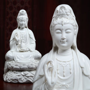White Porcelain Ceramic Buddha Statue Home Decor Ornament Lotus Sitting Bodhisattva Guanyin Statue for Worshiping Chinese Style
