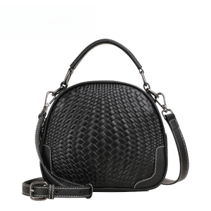 Fashionable Large Capacity round Leather Handbag Womens Shoulder Crossbody Bag Embroidered Pattern Soft Polyester Lining