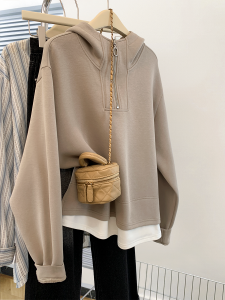 plus Size 300 Pounds Hoodie Womens Spring Autumn Loose European Style Top Fake Two-Piece Casual Comfortable Long Sleeve Zipper