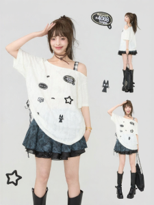 Keiko | Sweet Cool Embroidered Slanted Shoulder Lazy Style Torn Loose Top