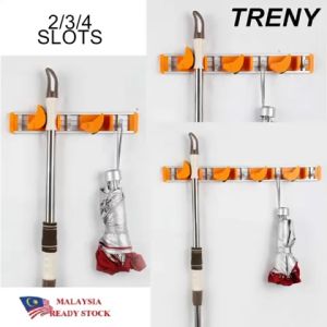 TRENY Broom Mop Holder Aluminium Wall Mounted Storage Organizer Heavy Duty Tools Hanger with 3 Racks 4 Hooks for Kitchen Bathroom Closet Office Garden