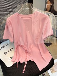 Pure Cotton Short Sleeve T-Shirt Womens Summer New Design Asymmetrical Slit Short Style Korean Version Commute Style Cotton Blend Elastic Fiber