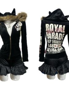 Retro Y2K Millennium Hot Girl Cat Ear Hooded Velvet Jacket Street Style Slim Fit Long Sleeve Short Coat for Women Summer