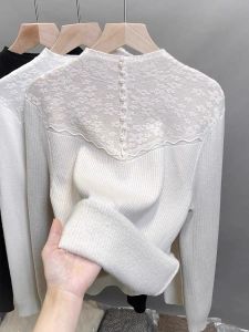 Single-Layer Fleece-Lined Mock Neck Sweater Womens Autumn and Winter Fleece-lined Thickened Bottoming Shirt Lace Inner Sweater Heattech Tops