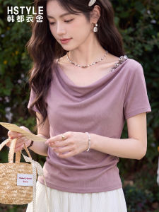 HSTYLE | Elegant Purple Pearl-Decorated T-Shirt