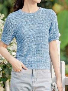 WANGGONGZHU | Ice Silk Mid-Sleeve Knitted Shirt Women Summer Thin Casual Slimming Lazy Top High Elasticity Princess Style Round Neck Short Sleeve