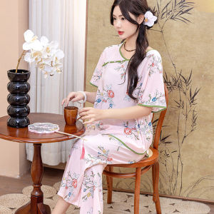 Mùa Hè Mới Lụa Đồ Ngủ Nữ Vintage Phong Cách Trung Hoa Kích Thước Lớn Cotton Lụa Nhà Quần Áo Của Mẹ Bộ Đồ Ngủ Thoải Mái