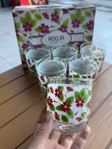 Gelas Kaca Mini / Gelas Sloki / Gelas Shot Motif Bunga Hijau 1set isi 6 / Satu set Gelas Souvenir Motif Dekorasi