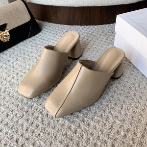 French Style Womens Open-Toe Slippers High Heel Sandals Fashionable Outdoor Wear Thick Heel Mules Slip-On Shoes PU Leather