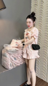 A.M Store Đồ Bộ Cộc Tay Cổ Sen Viền Bèo 3 Nơ Chất Liệu Vân Mây Mềm Dễ Thương  Cute Cực Xinh Size S-3XL