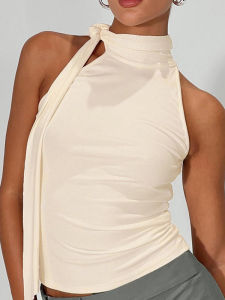 เสื้อกล้ามแขนกุดผู้หญิงผูกโบว์สไตล์ไฮสตรีทแฟชั่นดีไซน์เรียบง่ายเสื้อกล้ามสกินนี่