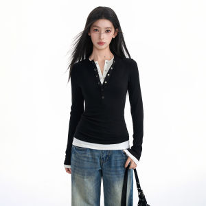 BAIDAIFEI | Henry Neck Illusion Two-Piece Long Sleeve Slim Fit T-Shirt