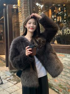 Thickened Fall Winter Fox Fur Jacket Womens Coat Plush Leather Integrated Eco-friendly Fur Long Sleeve V-neck Korean Style