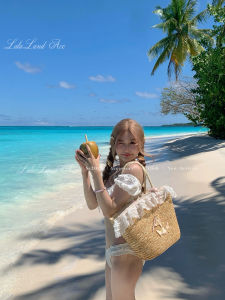 Original Design Large Capacity Lace Sailor Style Straw Woven Tote Bag Casual Bucket Shape Mixed Material Solid Color Handbag