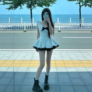 CHANGTONG | Dotted Waist-tied Flared Mini Dress for Petite Women