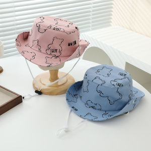 Cute Bear Print Baby Bucket Hats Spring Summer Boy Girl Flat Top Panama Fisherman Caps Korean Outdoor Kids Sunshade Basin Caps