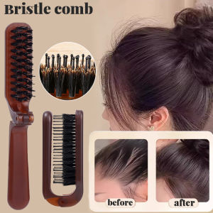 【Grilrigrin】Cat Ear Boar Bristle Hair Brush Amber Foldable Portable Comb Pocket Collapsible Travel Massage Styling Tool Salon Women Gift New