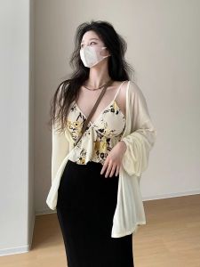 chaqi | Ultra-Thin Breathable Summer Wrap Cardigan Loose Knitted Silk Air Conditioning Shirt Womens Outerwear Short Coat V-Neck Long Sleeve