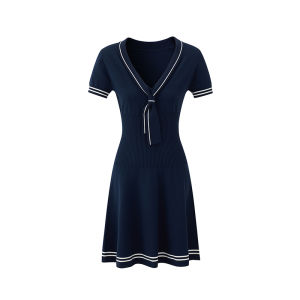 La Lune Du Ciel Navy Knitted V-neck Short Dress Womens Casual Style Spring Fashion A-line Mini Dress Comfortable Fit Dress
