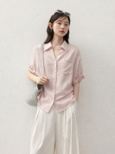 Cantonstory | Áo Sơ Mi Nữ Cổ Trụ Tay 3/4 Màu Hồng Chất liệu Rayon