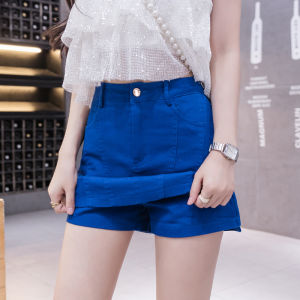 ขากว้างสีน้ําเงินไคลน์ เดนิม กางเกงขาสั้น ผู้หญิง Designหน้า กระโปรง กางเกงหลัง ลำลอง ยืดได้ Hot กางเกง Fire Dragon Fruit กางเกง