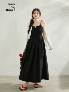 ZHANGDAREN | Bộ Đầm Đen Cao Waist Phong Cách Pháp Đơn Giản và Áo Cardigan Size Lớn