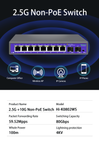 Hisource 5 8 Port 2.5G Ethernet Switch None-POE Network Switch with 2*10G SFP+ for IP Camera/NVR