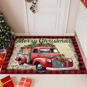 VIKAMA Buffalo Plaid Merry Christmas Doormat Snowflake Tree Gift Non Slip Floor Mat For Front Door Porch Xmas Home Decor