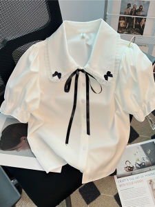 Peter Pan Collar White Shirt Womens Butterfly Self-Tie Chiffon Shirt Summer Stylish Niche Style Short Sleeve Shirt Puff Sleeve Top