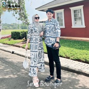 Set Couple White Marline Dress & Kemeja Tenun Etnik Terbaru Baju Kondangan Baju Trend Kekinian