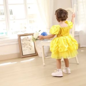 Baby Yellow 3D Floral Dress Short Sleeve Belle Princess Dress Soft Breathable Infant Dress Size 6M-3Y Kids Birthday Party Dress
