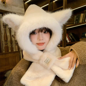 Fox Hat Scarf Integrated Womens Autumn and Winter Cycling Cold Protection Scarf Warm-Keeping and Cold-Proof Plush Cute Earflaps Cap