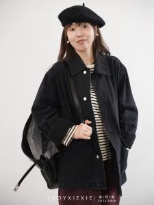 LADYXIEXIE Japanese Retro Washed Denim Jacket Loose Fit Womens Casual Fashion Autumn Spring Single Button Closure Coat