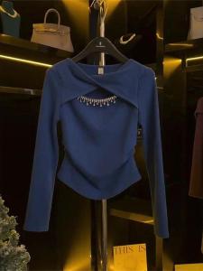 Áo Len Dệt Kim Dài Tay Ôm Vừa Vặn Sang Trọng Cỡ Lớn 300 Pound Thiết Kế Chéo Cổ Đính Kim Cương Áo Lót Thường Ngày Mùa Thu