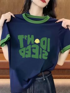 เสื้อยืดแขนสั้นผู้หญิงคอตตอนแท้ ลายตัวอักษร แฟชั่นฤดูร้อน 2025 เสื้อตัวบนแขนสั้นสไตล์ยุโรป เสื้อผ้าทำงานสไตล์เกาหลี