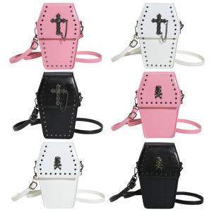 Women Coffin Satchel Purse Strap Adjustable Gothic Crossbody Bag PU Leather Coffin Shape Bag Novelty Halloween Phone Bag