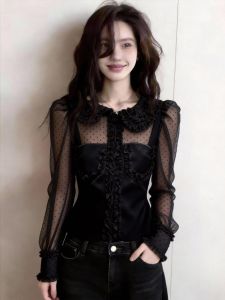 French Black Polka Dot Lace Long Sleeve Spring New Fashion Slim Fit Elegance Top