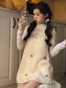 Spicy Girl Retro Colorful Furry Layered Knitted Vest Dress Autumn Pure Desire Inner Match Half High Collar Base Shirt Two-Piece Set