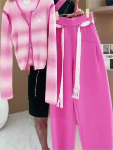 LIANGYILAILIN | Fashionable Pink Knit Cardigan and Wide Leg Pants Set