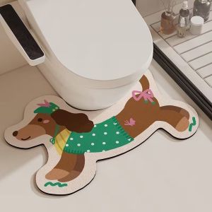 VIKAMA Cartoon Dachshund U-Shaped Toilet Mat Cute Dog Print Non-Slip Bathroom Rug Absorbent Floor Mat for Home Decor