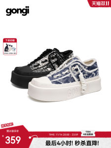 รองเท้าผ้าใบ GONGJI สำหรับผู้หญิง สไตล์ย้อนยุค ส้นหนา พื้นยาง กันน้ำ ทรงหัวเหลี่ยม รองเท้าลำลอง สไตล์ชาติพันธุ์