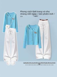 NUMEN BUTTON | Bộ Quần Áo Nữ Nhỏ Gọn Mùa Xuân Thời Trang Áo Cardigan Đan Đơn Giản Quần Jeans 2 Món